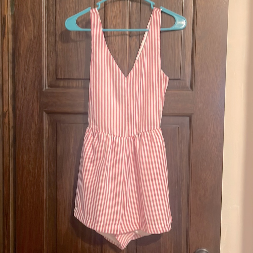 Pink striped romper with open back - tie closure and zipper- size S